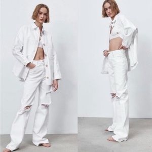 Zara 1975 Full Length Ripped Jeans, White Relaxed Straight Distressed